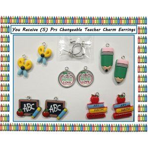NEW Teacher Interchangeable Charm Earrings 5 Pairs/ Set School Appreciation Gift